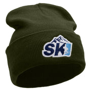 Ski Mountain Embroidered 12 Inch Long Knitted Beanie - Olive OSFM