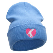 Ski Heart Embroidered 12 Inch Long Knitted Beanie - Sky-Blue OSFM