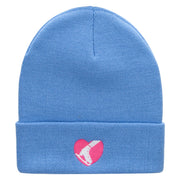 Ski Heart Embroidered 12 Inch Long Knitted Beanie - Sky-Blue OSFM