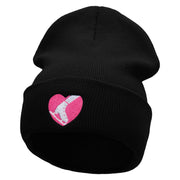 Ski Heart Embroidered 12 Inch Long Knitted Beanie - Black OSFM