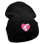 Ski Heart Embroidered 12 Inch Long Knitted Beanie - Black OSFM