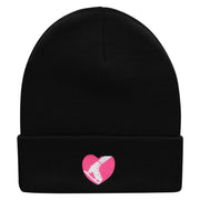 Ski Heart Embroidered 12 Inch Long Knitted Beanie - Black OSFM