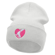 Ski Heart Embroidered 12 Inch Long Knitted Beanie - White OSFM