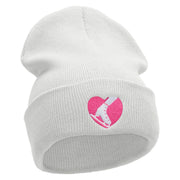 Ski Heart Embroidered 12 Inch Long Knitted Beanie - White OSFM