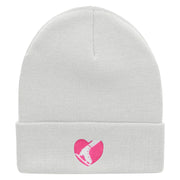 Ski Heart Embroidered 12 Inch Long Knitted Beanie - White OSFM