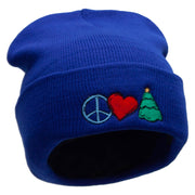 Peace Love Christmas Embroidered 12 Inch Long Knitted Beanie - Royal OSFM