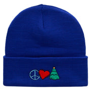 Peace Love Christmas Embroidered 12 Inch Long Knitted Beanie - Royal OSFM