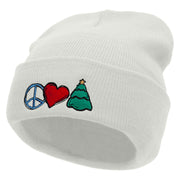 Peace Love Christmas Embroidered 12 Inch Long Knitted Beanie - White OSFM