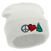 Peace Love Christmas Embroidered 12 Inch Long Knitted Beanie - White OSFM