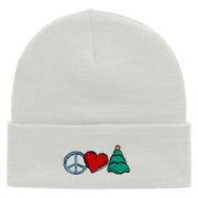 Peace Love Christmas Embroidered 12 Inch Long Knitted Beanie - White OSFM