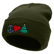 Peace Love Christmas Embroidered 12 Inch Long Knitted Beanie - Olive OSFM