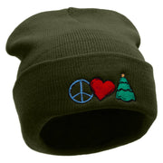 Peace Love Christmas Embroidered 12 Inch Long Knitted Beanie - Olive OSFM