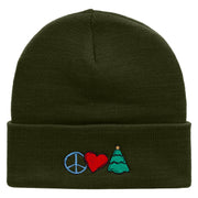 Peace Love Christmas Embroidered 12 Inch Long Knitted Beanie - Olive OSFM