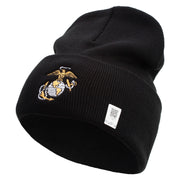 US Marine Corps Emblem Logo Embroidered 12 Inch Solid Knit Cuff Long Beanie Made in USA - Black OSFM