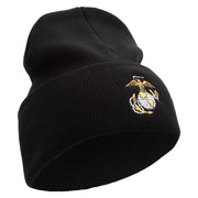 US Marine Corps Emblem Logo Embroidered 12 Inch Solid Knit Cuff Long Beanie Made in USA - Black OSFM