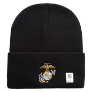 US Marine Corps Emblem Logo Embroidered 12 Inch Solid Knit Cuff Long Beanie Made in USA - Black OSFM