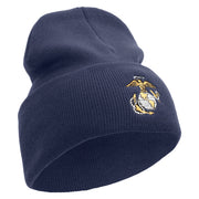 US Marine Corps Emblem Logo Embroidered 12 Inch Solid Knit Cuff Long Beanie Made in USA - Navy OSFM