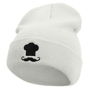 Chef Logo Embroidered 12 Inch Long Knitted Beanie - White OSFM