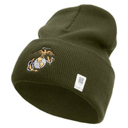 US Marine Corps Emblem Logo Embroidered 12 Inch Solid Knit Cuff Long Beanie Made in USA - Olive OSFM