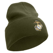 US Marine Corps Emblem Logo Embroidered 12 Inch Solid Knit Cuff Long Beanie Made in USA - Olive OSFM