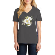 Water Color Daisy Graphic Design Ladies Big Size Core Cotton V neck T-Shirt - Charcoal XS