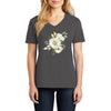 Water Color Daisy Graphic Design Ladies Big Size Core Cotton V neck T-Shirt - Charcoal XS