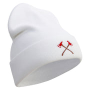 Firemen Axe Embroidered 12 Inch Long Knitted Beanie - White OSFM