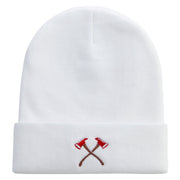 Firemen Axe Embroidered 12 Inch Long Knitted Beanie - White OSFM