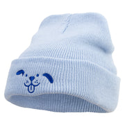 Happy Dog Head Embroidered Super Stretch Knit Watch Cap Beanie - Columbia-Blue OSFM