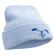 Happy Dog Head Embroidered Super Stretch Knit Watch Cap Beanie - Columbia-Blue OSFM