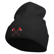 Firemen Axe Embroidered 12 Inch Long Knitted Beanie - Black OSFM