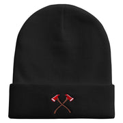 Firemen Axe Embroidered 12 Inch Long Knitted Beanie - Black OSFM