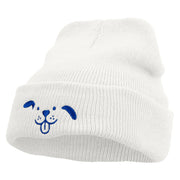 Happy Dog Head Embroidered Super Stretch Knit Watch Cap Beanie - White OSFM