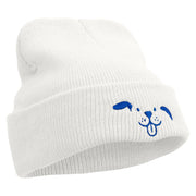 Happy Dog Head Embroidered Super Stretch Knit Watch Cap Beanie - White OSFM