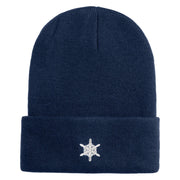 Small Snowflakes Christmas Embroidered Iron On Patched 12 Inch Long Knitted Beanie - Navy OSFM
