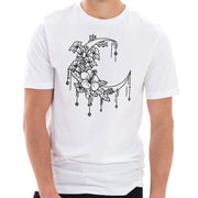 Moonlight Flowers Embroidered Unisex Ring Spun Combed Cotton Short Sleeve Deluxe Jersey T-Shirt - White XS