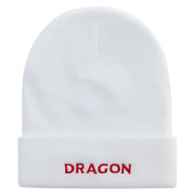 Red Dragon Embroidered 12 Inch Long Knitted Beanie - White OSFM