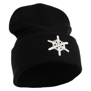 Snowflakes Large Christmas Embroidered Iron On Patched 12 Inch Long Knitted Beanie - Black OSFM