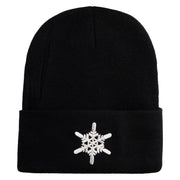 Snowflakes Large Christmas Embroidered Iron On Patched 12 Inch Long Knitted Beanie - Black OSFM