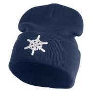 Snowflakes Large Christmas Embroidered Iron On Patched 12 Inch Long Knitted Beanie - Navy OSFM