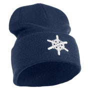 Snowflakes Large Christmas Embroidered Iron On Patched 12 Inch Long Knitted Beanie - Navy OSFM