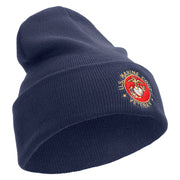 US Marines Corps Veteran Emblem Logo Embroidered 12 Inch Solid Knit Cuff Long Beanie Made in USA - Navy OSFM