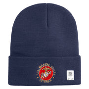 US Marines Corps Veteran Emblem Logo Embroidered 12 Inch Solid Knit Cuff Long Beanie Made in USA - Navy OSFM