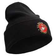 US Marines Corps Veteran Emblem Logo Embroidered 12 Inch Solid Knit Cuff Long Beanie Made in USA - Black OSFM