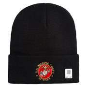 US Marines Corps Veteran Emblem Logo Embroidered 12 Inch Solid Knit Cuff Long Beanie Made in USA - Black OSFM