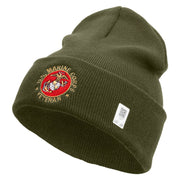 US Marines Corps Veteran Emblem Logo Embroidered 12 Inch Solid Knit Cuff Long Beanie Made in USA - Olive OSFM