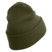 US Marines Corps Veteran Emblem Logo Embroidered 12 Inch Solid Knit Cuff Long Beanie Made in USA - Olive OSFM