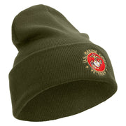 US Marines Corps Veteran Emblem Logo Embroidered 12 Inch Solid Knit Cuff Long Beanie Made in USA - Olive OSFM