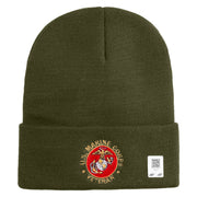 US Marines Corps Veteran Emblem Logo Embroidered 12 Inch Solid Knit Cuff Long Beanie Made in USA - Olive OSFM