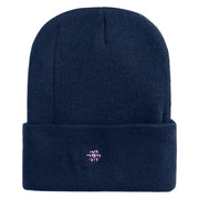 Rhinestud Hotfix Purple Flower Iron On Glue Patched 12 Inch Long Knitted Beanie - Navy OSFM